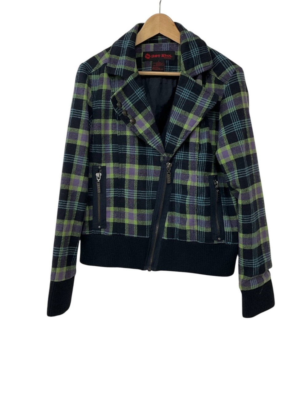 Y2K Vintage Hot Kiss Wool Blend Green Purple Plaid Bomber Jacket M
